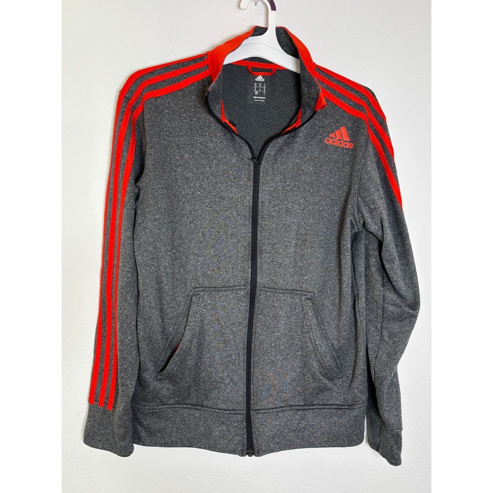 Adidas Climawarm Track Jacket Mens Medium Gray Orange Full Zip 3 Stripe Athletic